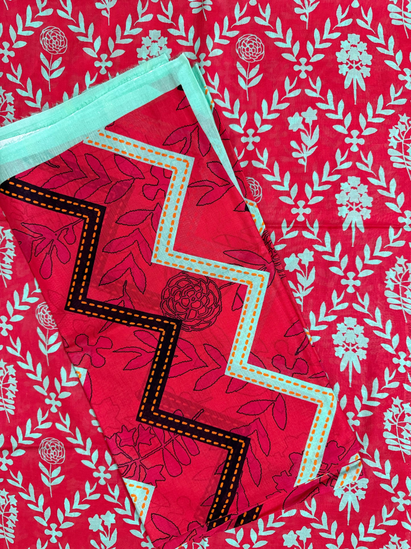 Red with Aqua Floral Motif 3-Piece Breeze Lawn Printed Suit