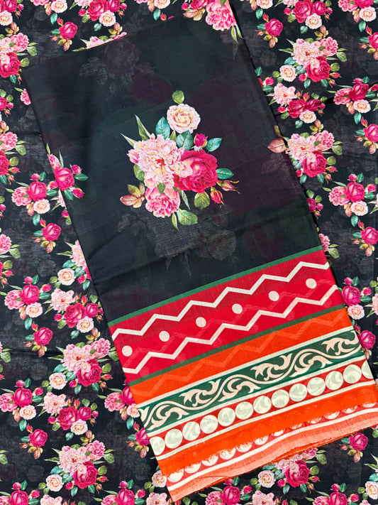 Black with Rose Bloom Motif 3-Piece Breeze Lawn Printed Suit