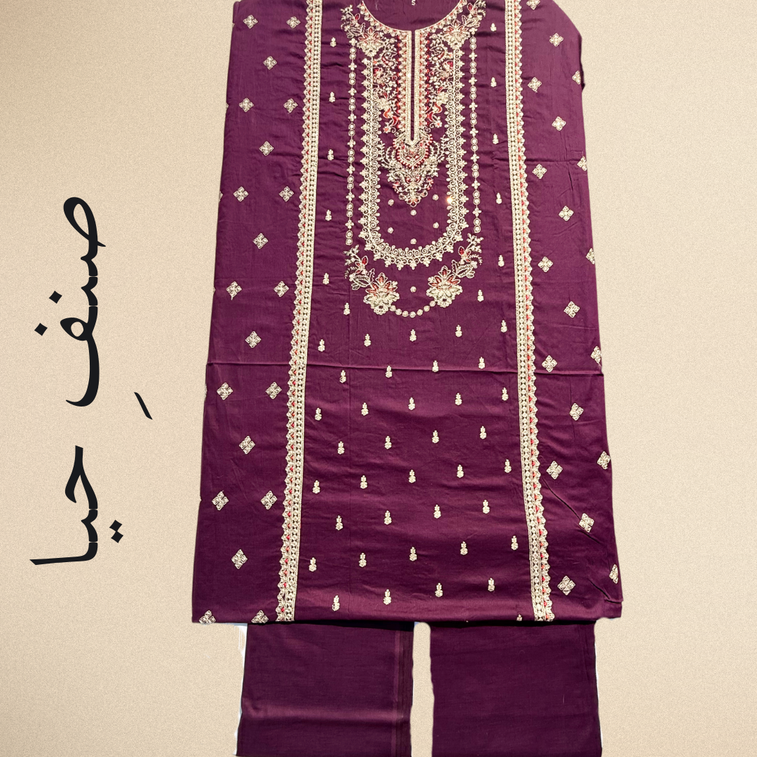 Zeenat – Deep Plum Lawn Suit with Golden Embroidery