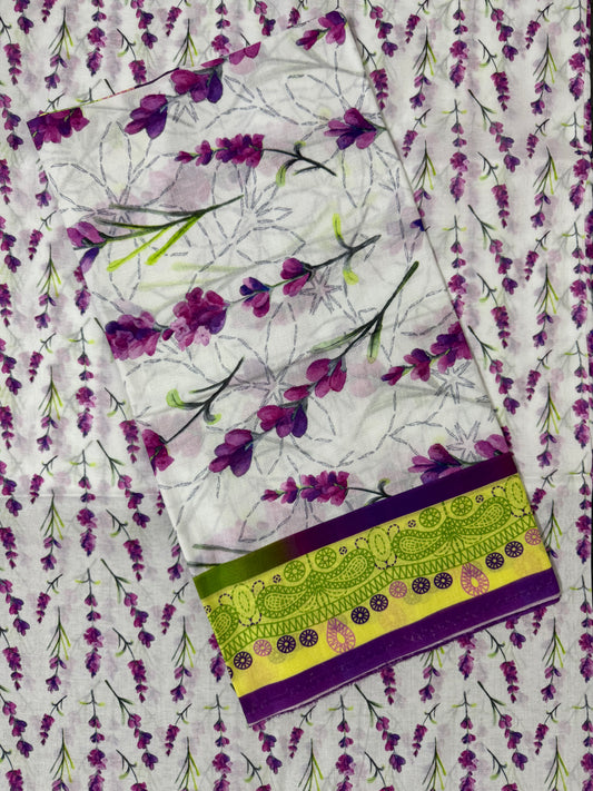 White with Lavender Floral Pattern 3-Piece Breeze Lawn Printed Suit