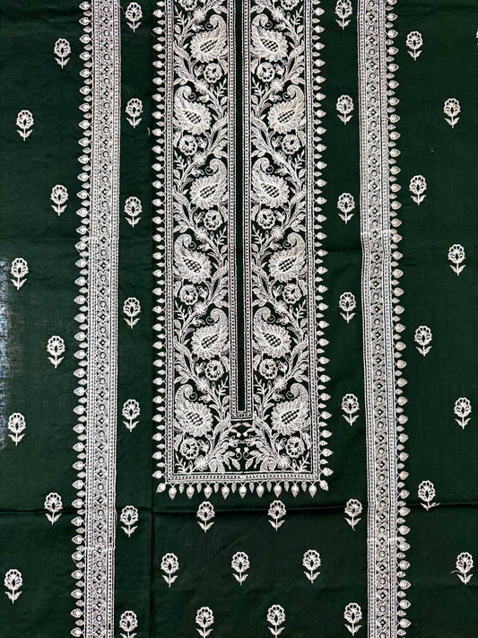 Classic Dark Green Lawn with White Embroidery 2-Piece Suit
