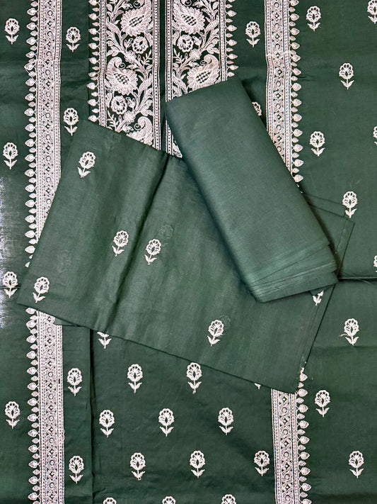 Classic Dark Green Lawn with White Embroidery 2-Piece Suit